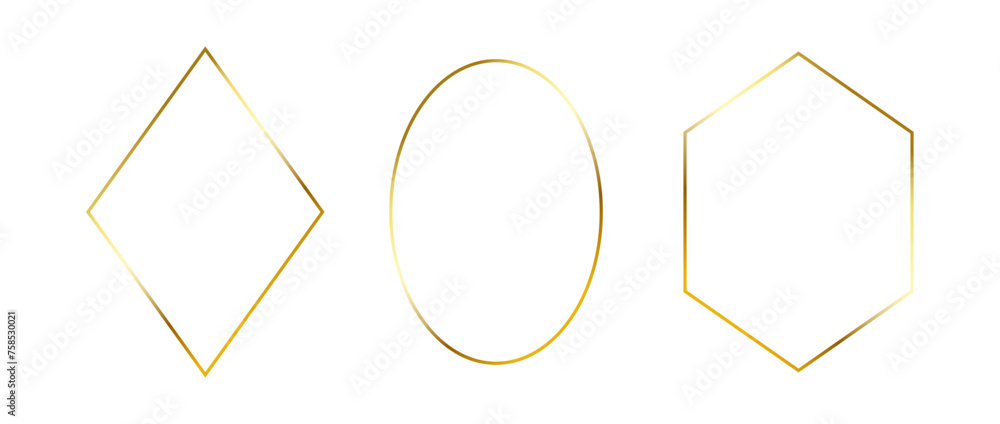 Golden thin frames set. Gold geometric borders in art deco style. Thin linear diamond, ellipse and rhombus collection. Yellow glowing shiny boarder element pack. Vector bundle for photo, cadre, decor