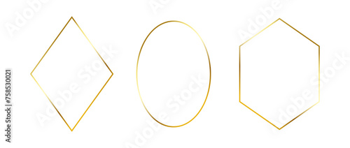 Golden thin frames set. Gold geometric borders in art deco style. Thin linear diamond, ellipse and rhombus collection. Yellow glowing shiny boarder element pack. Vector bundle for photo, cadre, decor