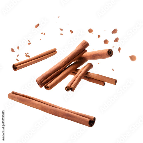 Falling cinnamon sticks isolated on transparent or white background