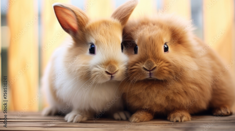 Obraz premium two cute rabbits bunny with soft fur are sticking together and close to each other
