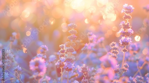 Sunrise Glow Over Lavender and Blue Aster Field. Generative AI. 