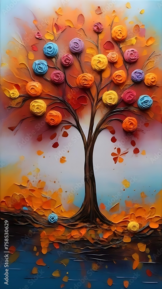 Oil painting of autumn landscape with colorful flower tree.