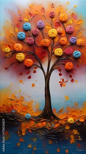 Oil painting of autumn landscape with colorful flower tree.