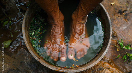 An image of a persons feet immersed in a bowl of warm herbal water a traditional foot bath in Thai medicine.