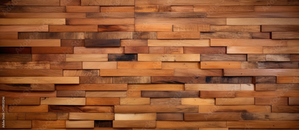 A closeup of a brown wooden wall made of rectangular wooden blocks, showcasing a pattern of brickwork in a beige hardwood composite material A closeup of a brown wooden wall made of rectangular wooden blocks, showcasing a pattern of brickwork in a beige hardwood composite material