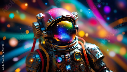A digitally created image of a galactic nomad in a tattered space suit, surrounded by stars and vibrant neon colors. photo
