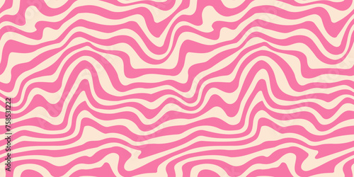 Wavy pink line seamless pattern. Trippy groovy liquid wave background. Repeating retro psychedelic texture in 60s, 70s style. Curve flowing stripe wallpaper for textile, print, wrapping paper. Vector