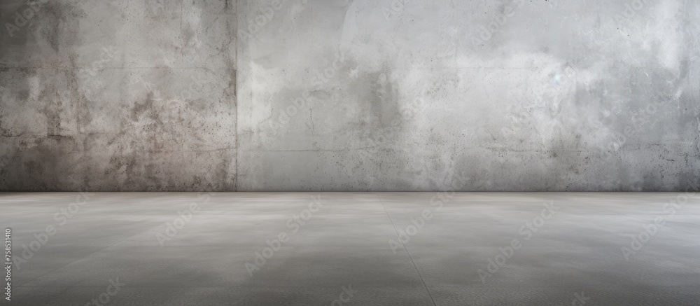 An empty room with grey concrete flooring and walls, resembling a landscape with asphalt road surface. Tints and shades of concrete blend into the horizon An empty room with grey concrete flooring and walls, resembling a landscape with asphalt road surface. Tints and shades of concrete blend into the horizon