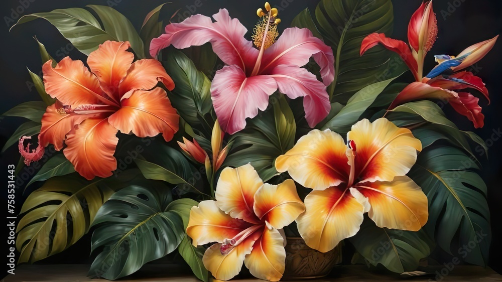 Fototapeta premium Oil painting of tropical flowers and leaves illustration.