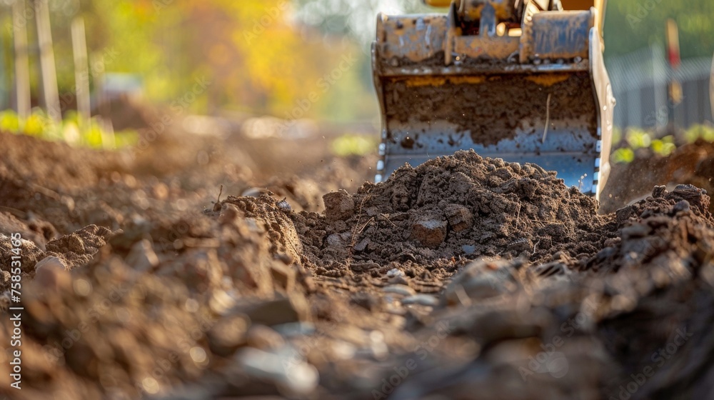Fototapeta premium A massive contion that moves with purpose and determination leaving behind a trail of freshly excavated soil.