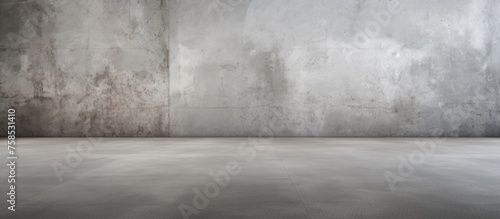 An empty room with grey concrete flooring and walls, resembling a landscape with asphalt road surface. Tints and shades of concrete blend into the horizon © TheWaterMeloonProjec