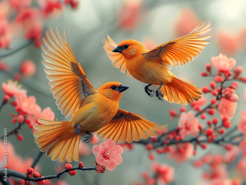 A pair of beautiful bird flying against a backdrop of beautiful scenery