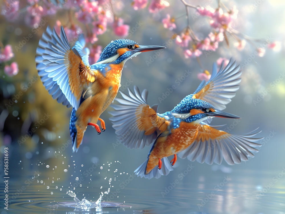 A pair of beautiful bird flying against a backdrop of beautiful scenery