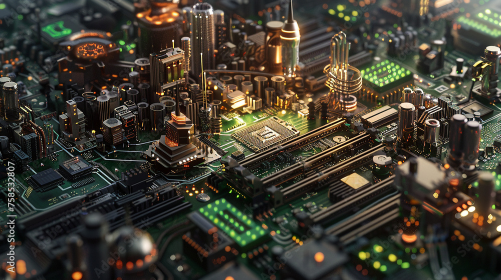 electronic circuit board with processor, A digital artwork depicting a closeup of a secure server motherboard with a padlock, representing the idea of a fortified and protected digital environment pho