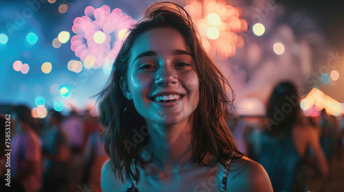 A young woman having fun at a music festival with a crowd and fireworks