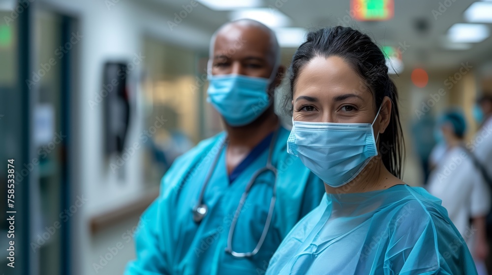 Two doctors wearing blue scrubs and masks stand in a hospital hallway Two doctors wearing blue scrubs and masks stand in a hospital hallway