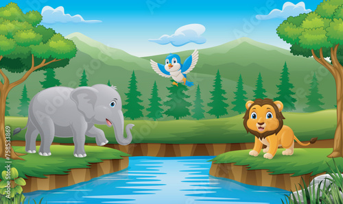 Canvas Print Cute wild animals cartoon in the jungle