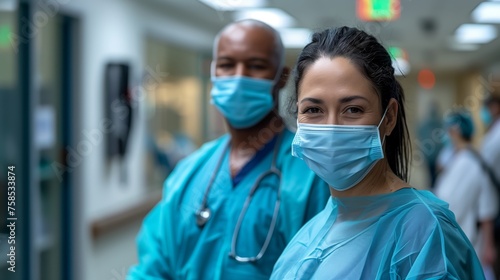 Two doctors wearing blue scrubs and masks stand in a hospital hallway