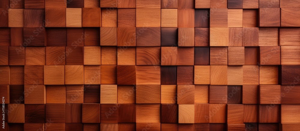 A detailed view of a wooden wall constructed with ambercolored rectangular wooden squares, resembling brickwork. The building material gives warmth to the room A detailed view of a wooden wall constructed with ambercolored rectangular wooden squares, resembling brickwork. The building material gives warmth to the room