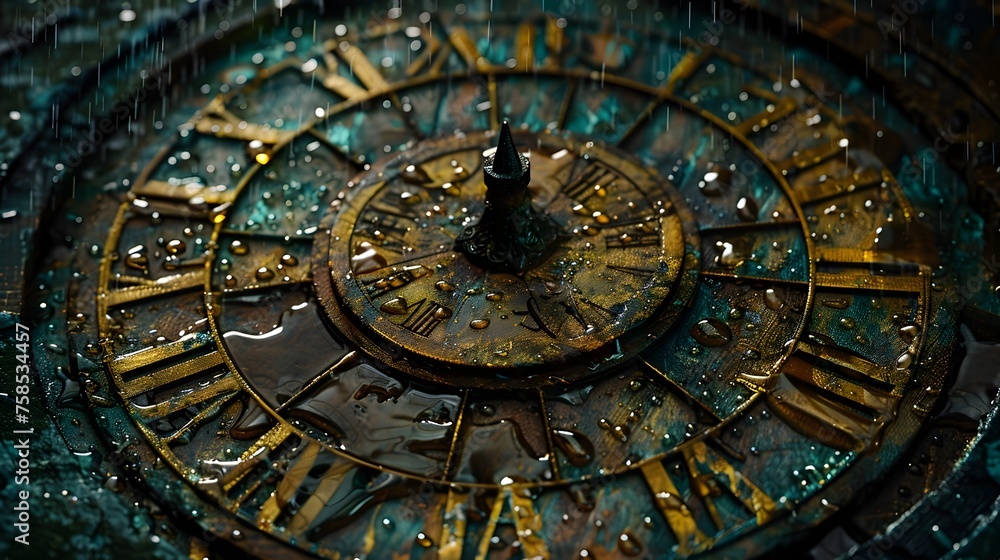 Raindrops Adorning Ancient Clock Face at Twilight - Mystical Patina of Times Passage