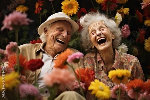 A couple sharing a laugh surrounded by flowers.