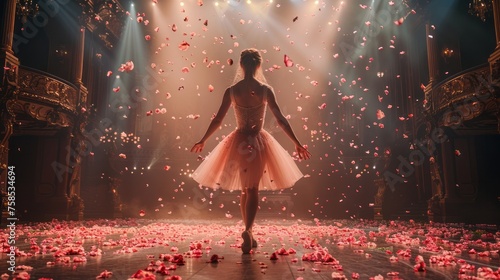 Fictional character performing arts on stage with magenta petals falling