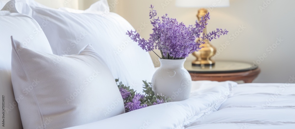 Close-up of a lavender-filled vase on a bed with white bedding and adorned pillows