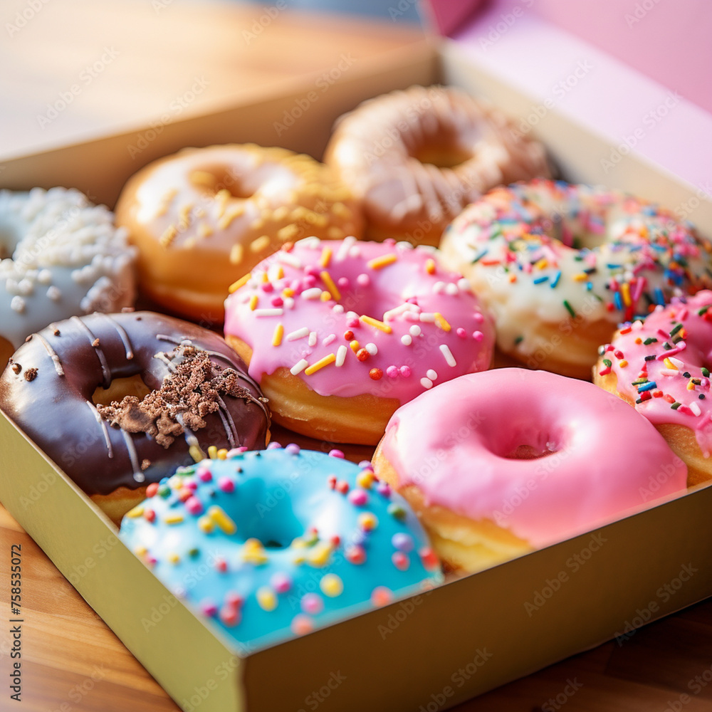 a variety of colorful gourmet donuts placed on a marble tabletop a variety of colorful gourmet donuts placed on a marble tabletop