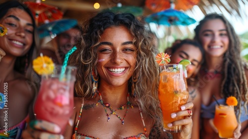 Young woman with her laughter and the colorful cocktail in her hand embodying the spirit of summer fun.