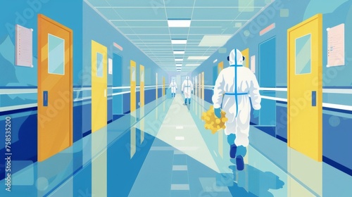 An illustration of a hospital hallway with each door representing a different control measure such as quarantining disinfecting and wearing protective gear. photo