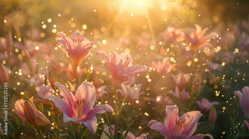 Sunrise Serenade in Pink Easter Lily Field. Generative AI. 