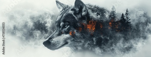 Double exposure portrait poster: forest fire inside a wolf, detailed, photorealistic, play of light and shadow  photo
