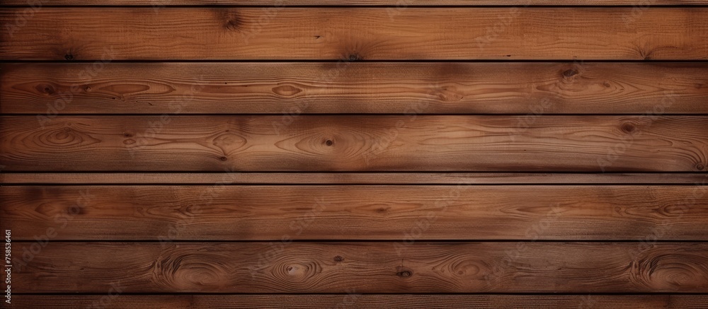 Naklejka premium A detailed closeup of a brown hardwood plank wall with a blurred background, showcasing the intricate tints and shades of the wood stain