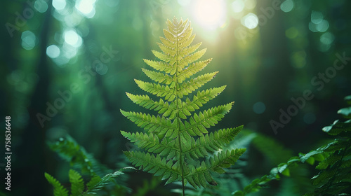 Sunlight filtering through a green fern leaf in a dense forest, evoking tranquility and growth.