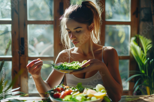 Beautiful fit woman eating healthy salad after fitness workout