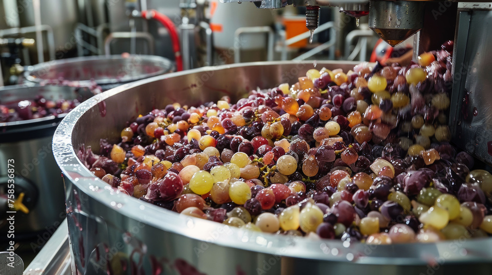 Vat of mixed grapes in a winery, depicting the beginning of wine production. - obrazy, fototapety, plakaty 