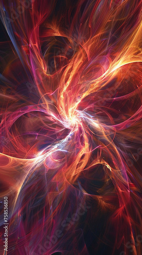 Vivid abstract energy swirl with fiery red and orange tones on dark background.