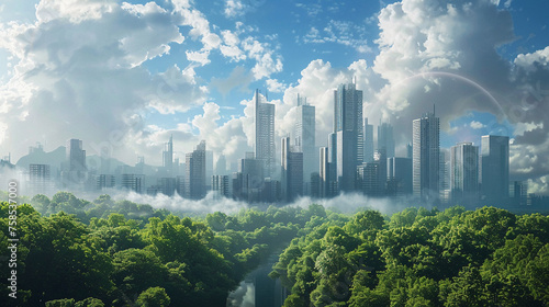 Digital illustration of a futuristic city emerging from a forest.