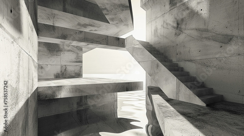 Architectural abstract with light and shadow play in a concrete staircase design.