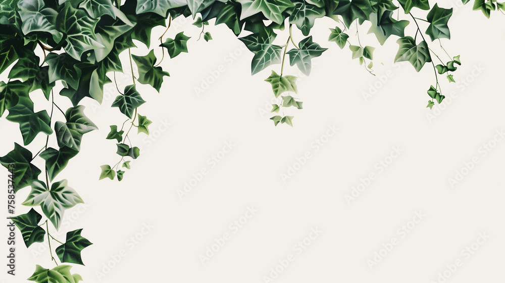 Fresh green leaves of an ivy plant elegantly hang on a plain white background. Frame, copy space. Fresh green leaves of an ivy plant elegantly hang on a plain white background. Frame, copy space.