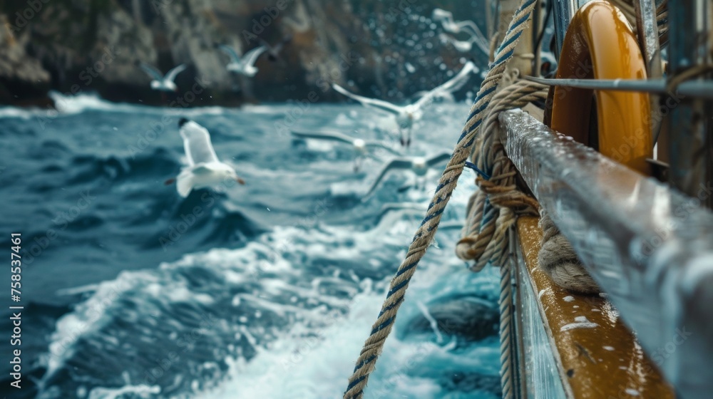 The sound of seagulls and crashing waves can be heard as the yacht slowly glides towards the shore of the isolated island. The crew is busy preparing ropes and anchor ready