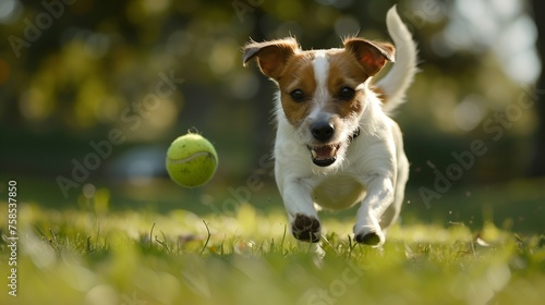 Dynamic capture of a joyful Jack Russell in full sprint, tennis ball gripped tight. HD clarity immortalizes the exuberant canine bliss.