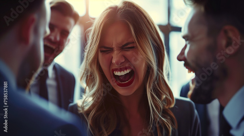 Businesswoman distressed by coworkers' mockery at the office photo