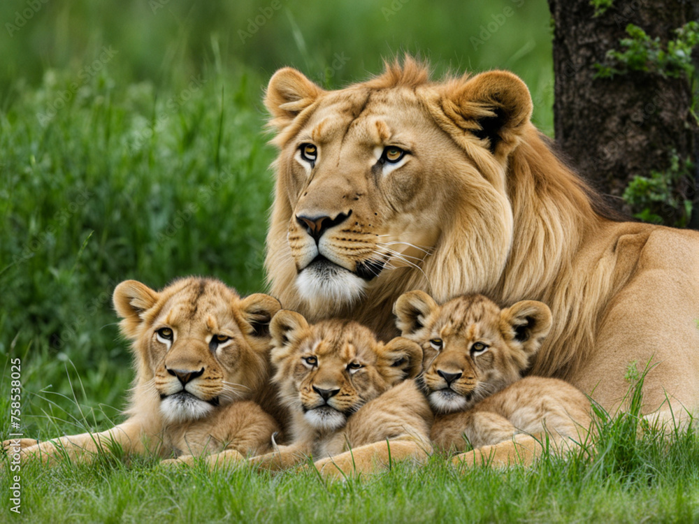 Lion with cubs at big forest.