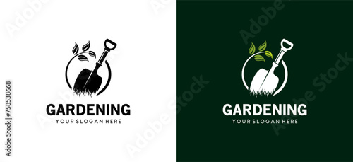 Garden tools vector design, gardening logo garden shovel stuck in the ground