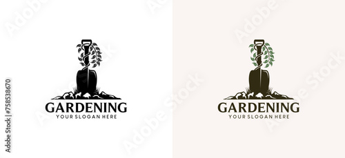 Vector design of gardening tools and plants, gardening logo garden shovel stuck in the ground