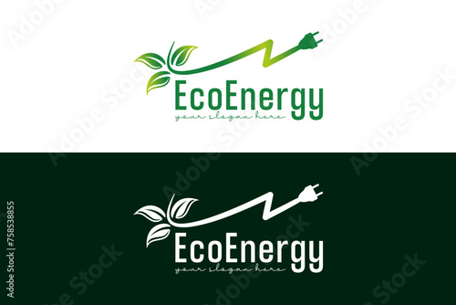 Electric charge leaf design and electrical plug sign. Natural energy eco logo