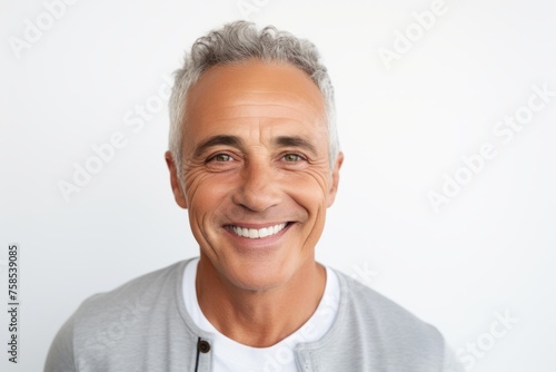 Close up portrait of a happy senior man smiling at the camera against white background