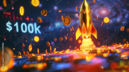 Bitcoin BTC with Rocket launch to space. Mission to the moon, Bullish divergence of crypto currency market, 100000 US Dollar target, 100k Goal