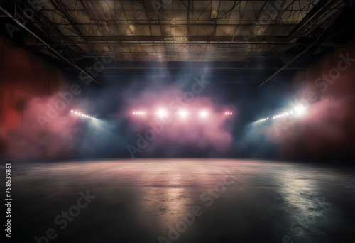 Bright stadium arena lights Smoke bombs empty dark scene neon light spotlights The concrete floor and studio room with smoke float up the interior texture night view for display products stock photo photo